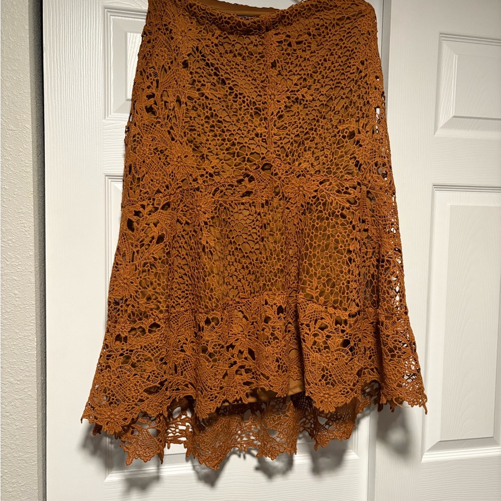 High-Low Crochet Lace Skirt in Rust